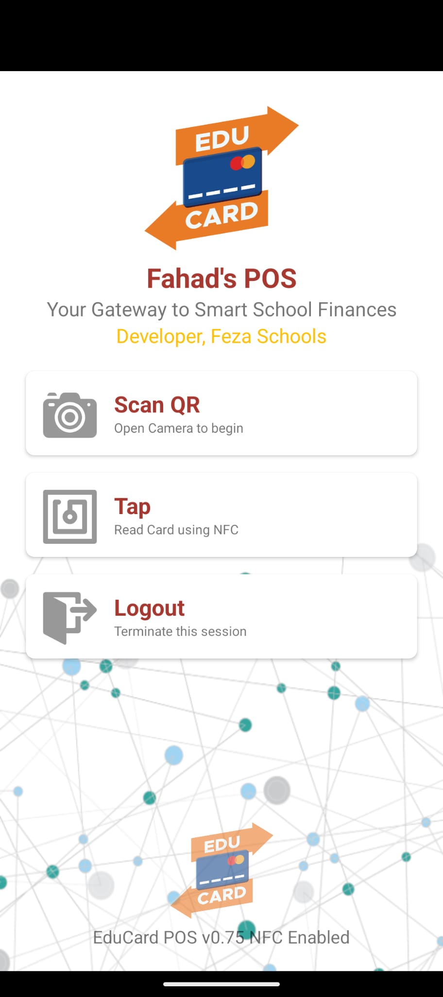 EduCard vendor POS application with QR scan and NFC card tap