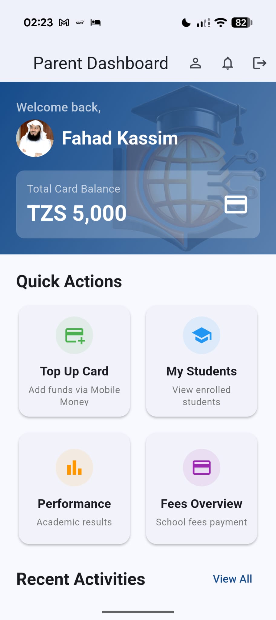 EduSphere Parent Dashboard showing student card balance and top-up actions